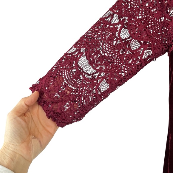 Lulus Love Me Always Dress Burgundy Velvet  Crocheted Lace Sleeves Shift Sz XS - Picture 11 of 16
